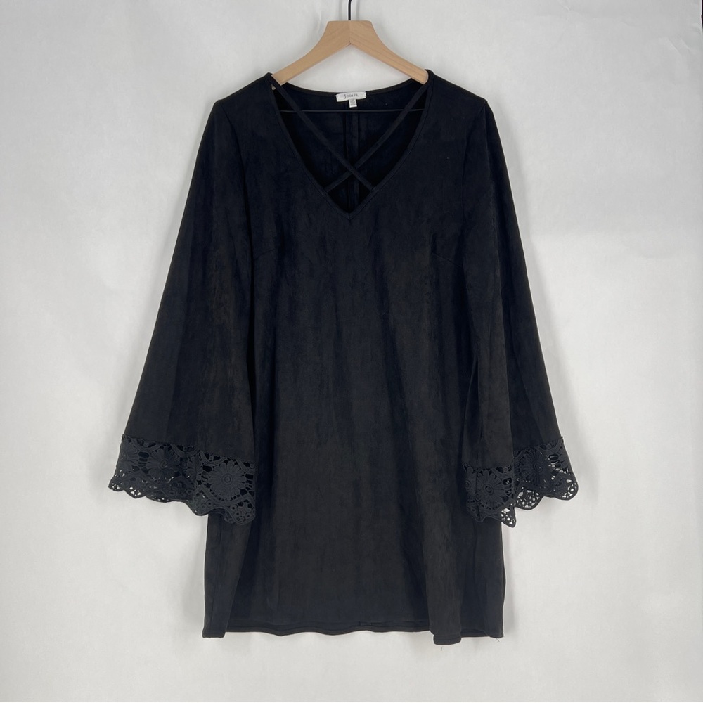 JODIFL Black Faux Suede Crisscross V-Neck Lace‎ Trim Flare Sleeve Dress M - Picture 2 of 12